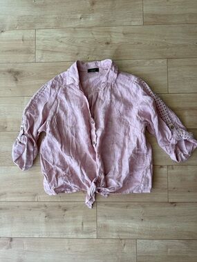 Cherish Italy Pink Linen Tie Waist Shirt Lace Detail Button Front Blouse